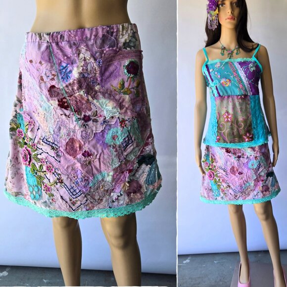 Vintage Fabric Mosaic A-Line SkirtLavender Purple Floral Embroidery & Lace